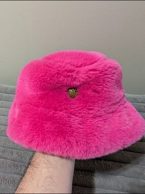 Kurt Geiger Hot Pink Faux Fur Bucket Hat with Gold Accent